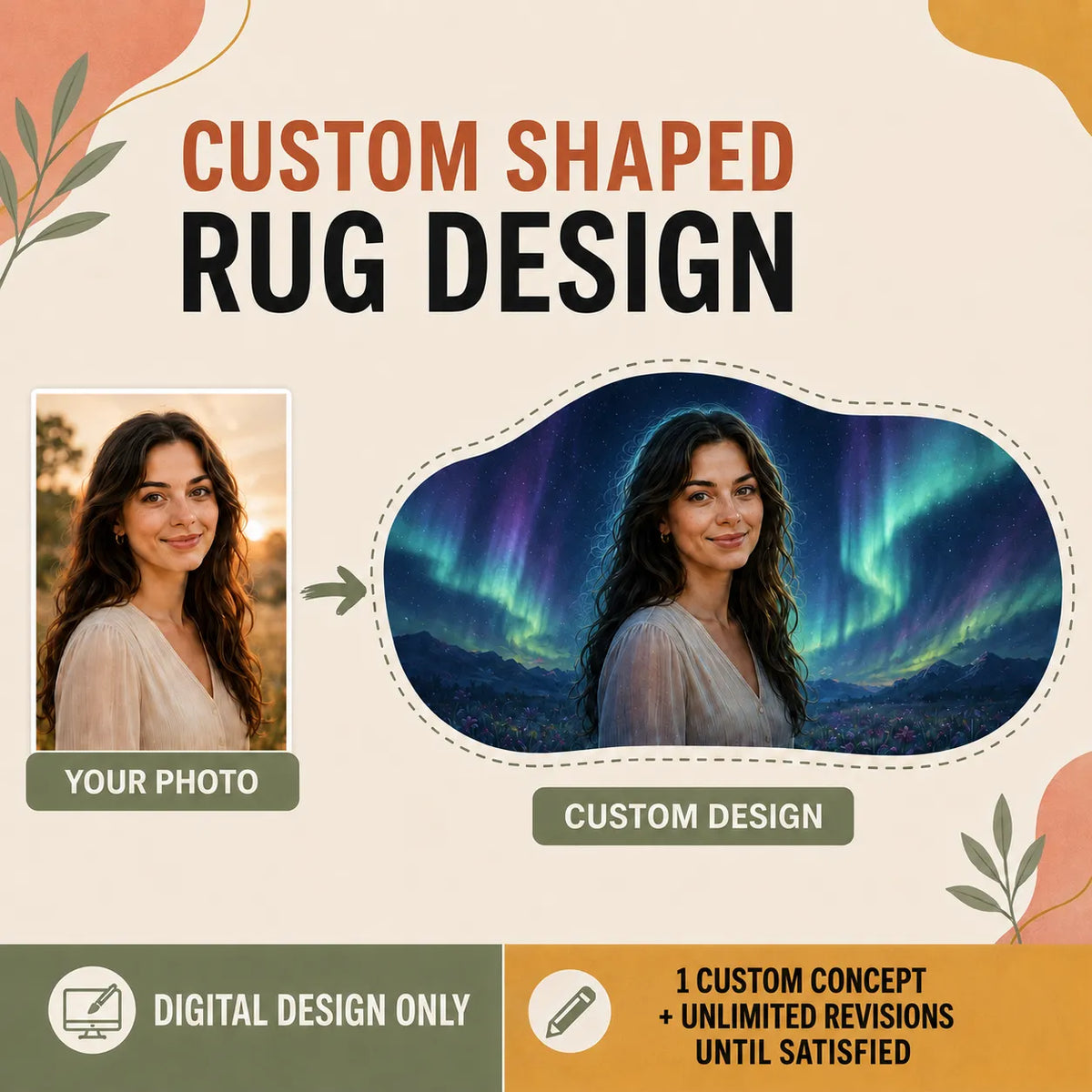 Custom shaped rug design service showing a portrait photo transformed into a personalized aurora background digital design without logo