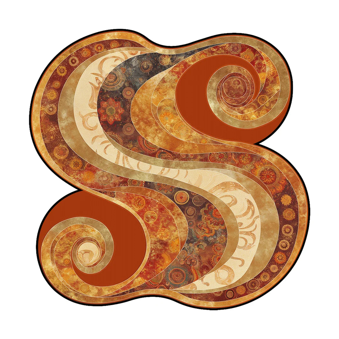 Echoes in the Weave rug featuring flowing abstract spiral patterns in warm earthy tones