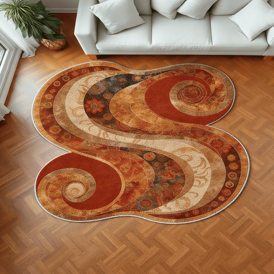 Echoes in the Weave rug placed in a modern living room with warm wood flooring and neutral seating