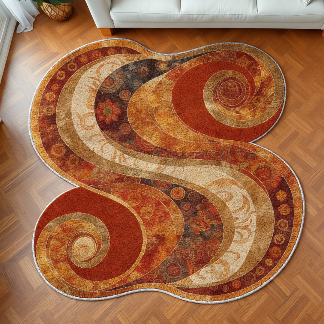 Echoes in the Weave rug placed in a modern living room with warm wood flooring and neutral seating