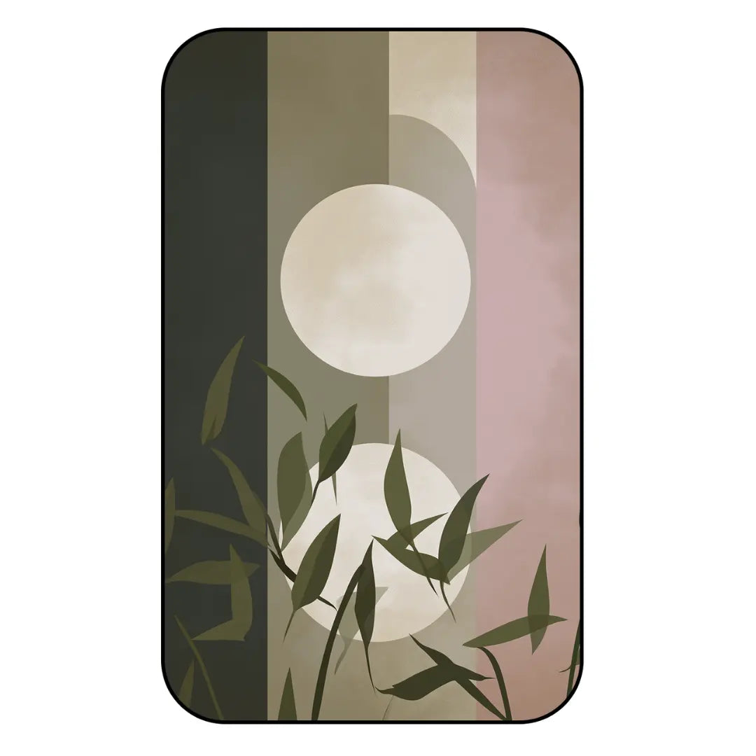 Abstract kitchen rug featuring vertical color blocks, soft circular forms, and minimalist botanical elements in muted green, beige, and blush tones