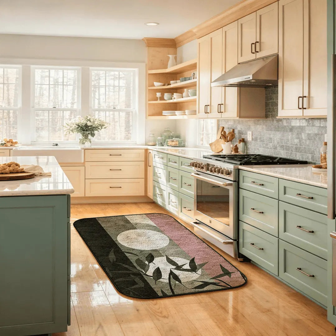 Abstract geometric rug placed in a bright modern kitchen with sage cabinets, wooden floors, and natural daylight