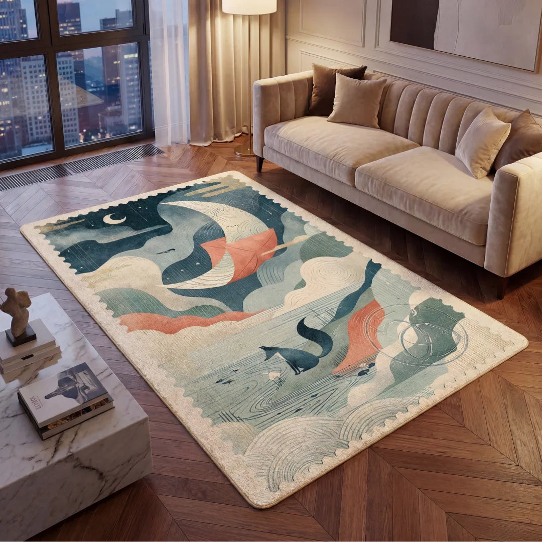 Stamp inspired rug living room