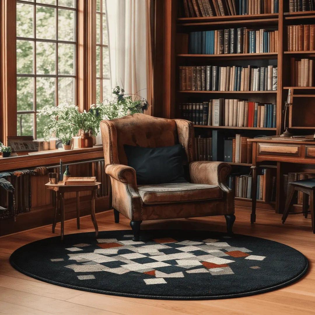 Fragment irregular rug placed in a cozy living room, featuring abstract fragmented squares in muted charcoal, beige, and rust tones