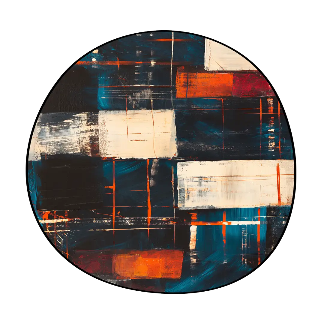 Navy blue and burnt orange abstract rug living room