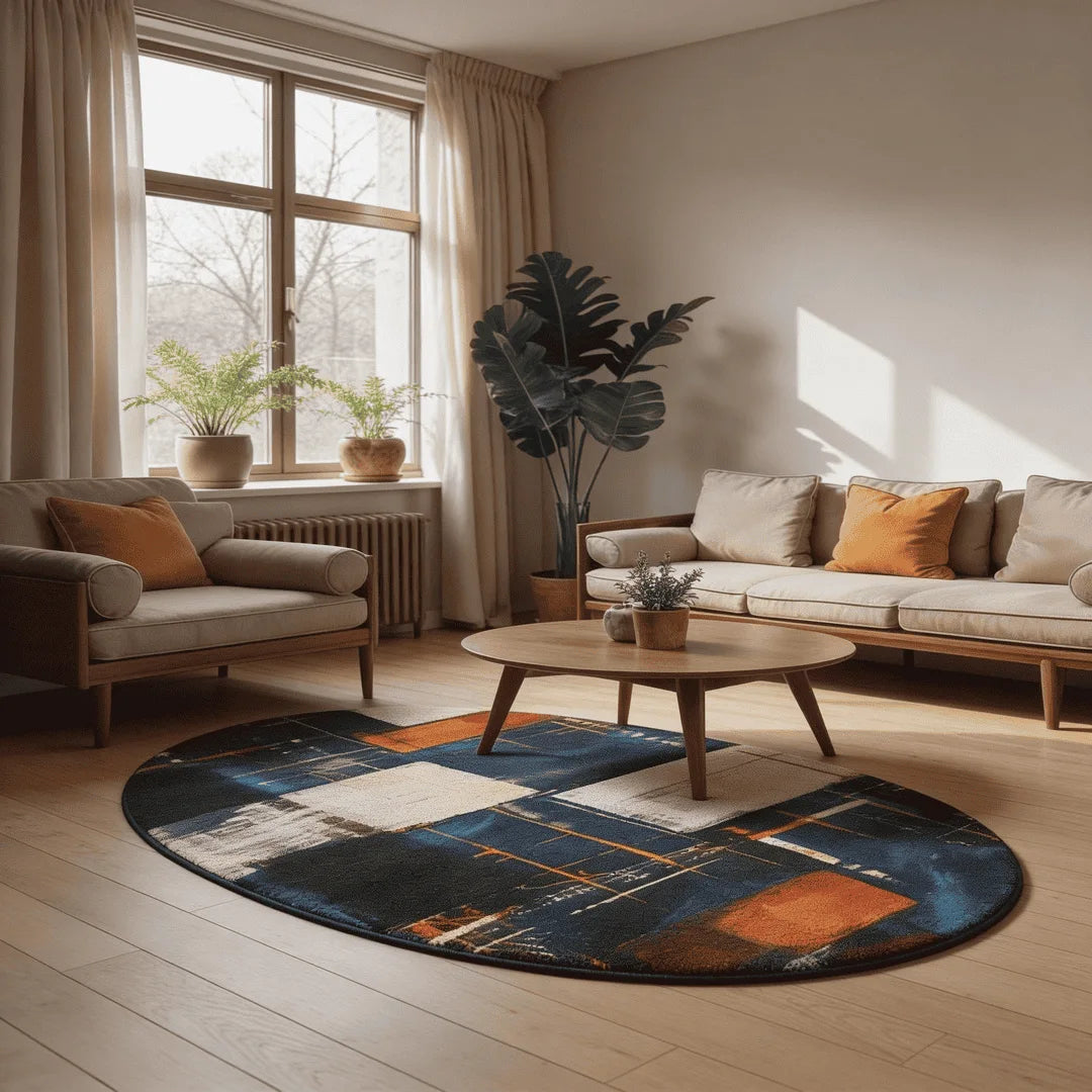 Navy blue and burnt orange abstract rug living room