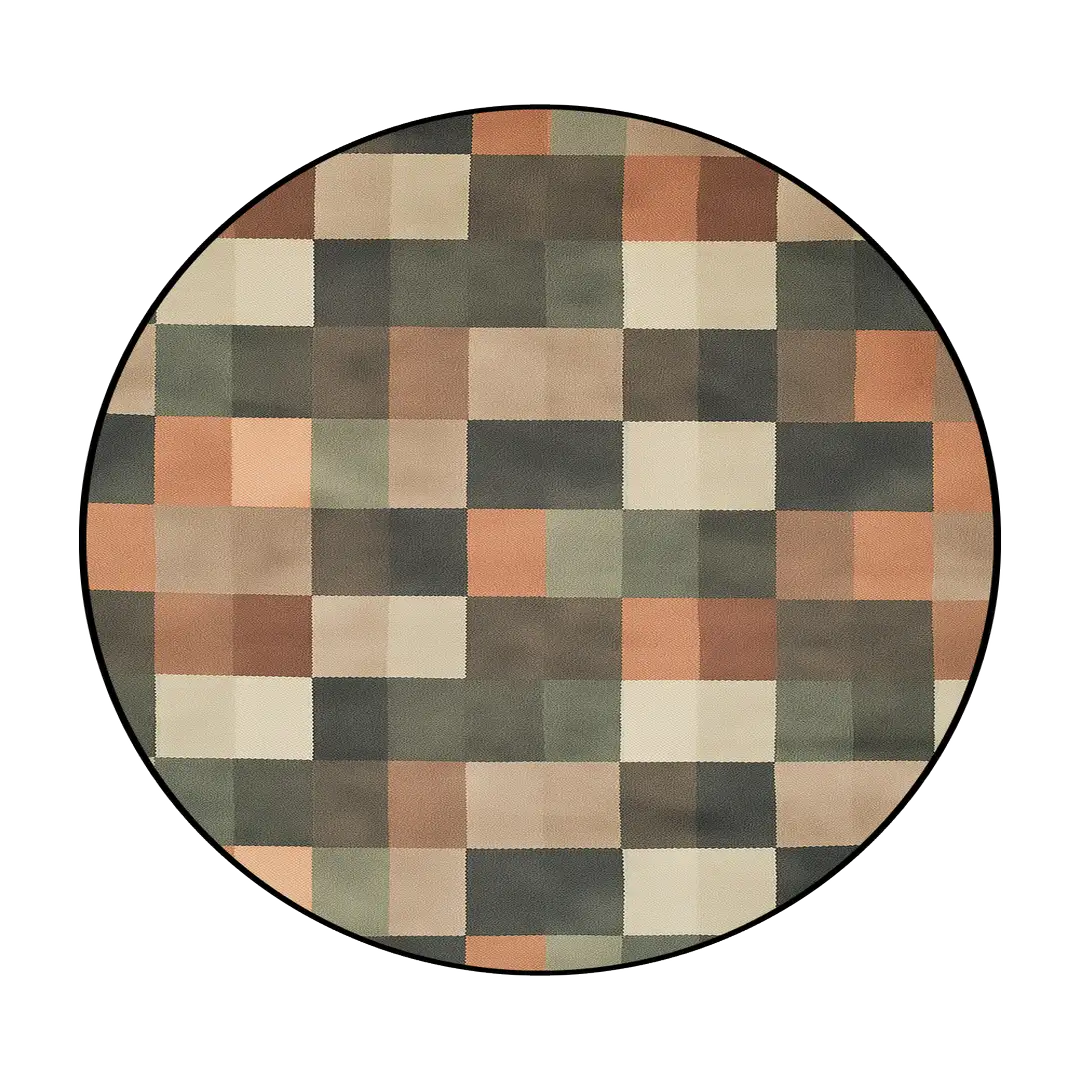 Irregular earthy green and beige rug balcony nook