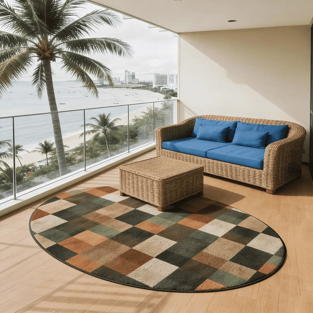 Irregular earthy green and beige rug balcony nook