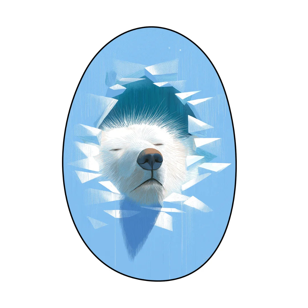 Polar bear face rug featuring a calm white bear emerging through icy geometric shards on a soft blue background