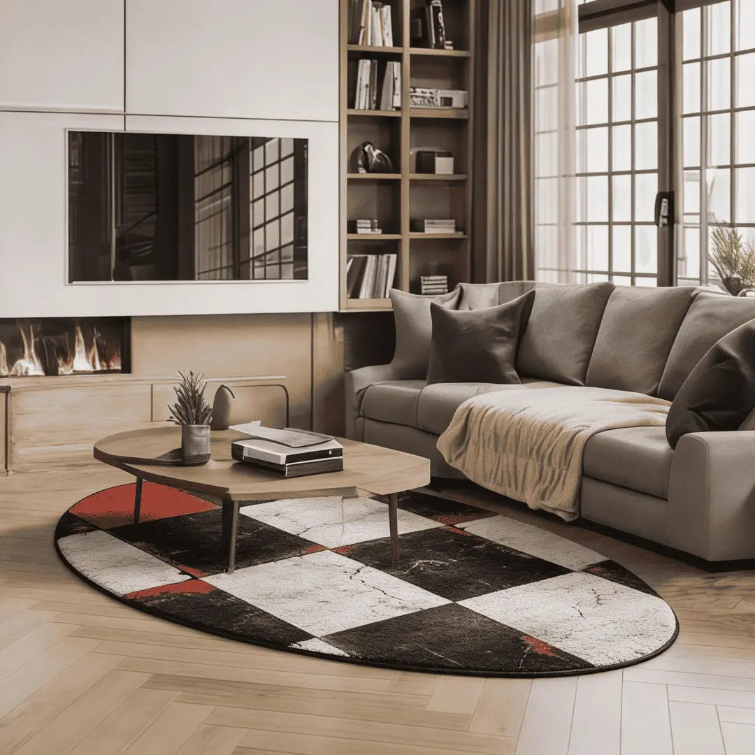Irregular black white red rug living room