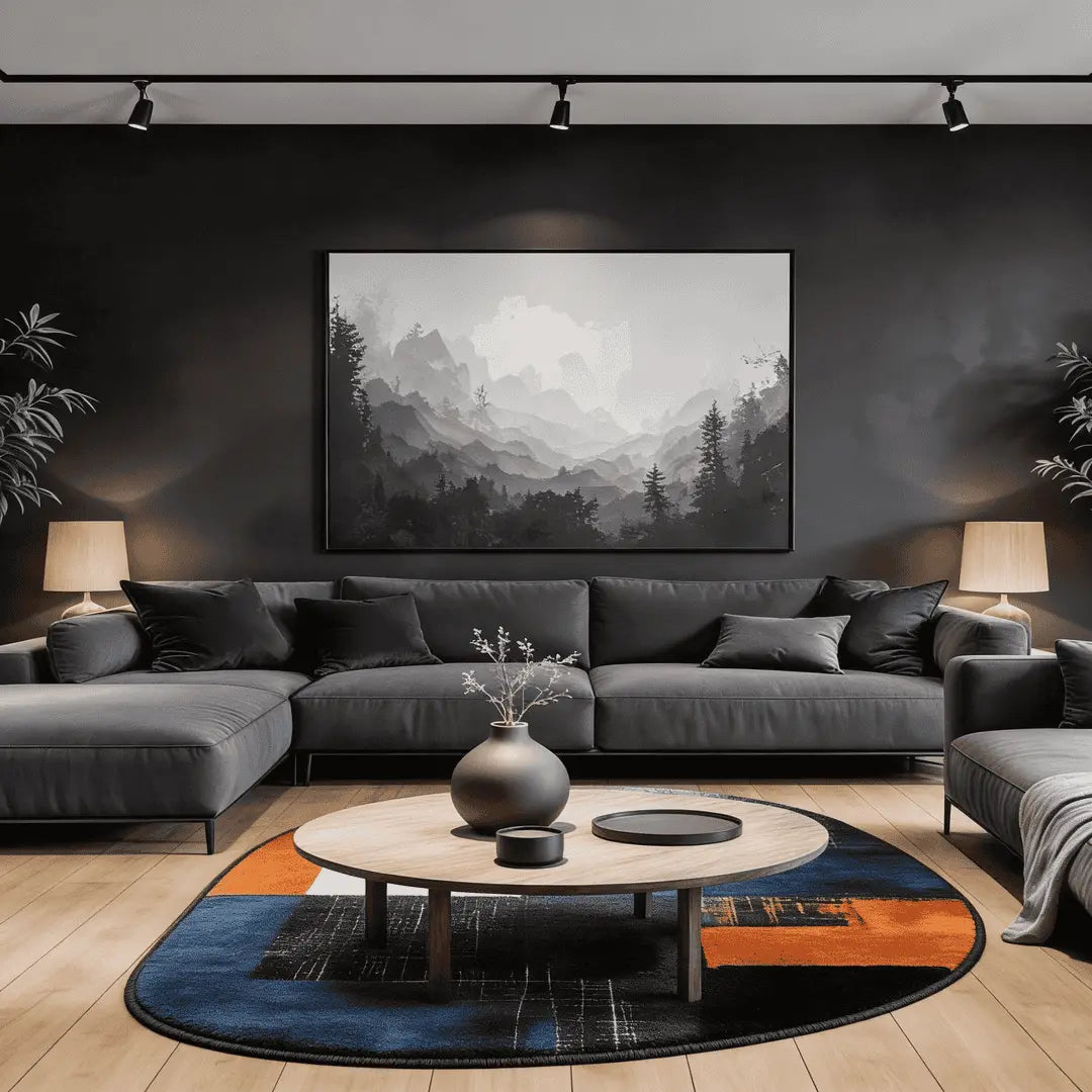 Irregular dark blue and burnt orange abstract rug living room