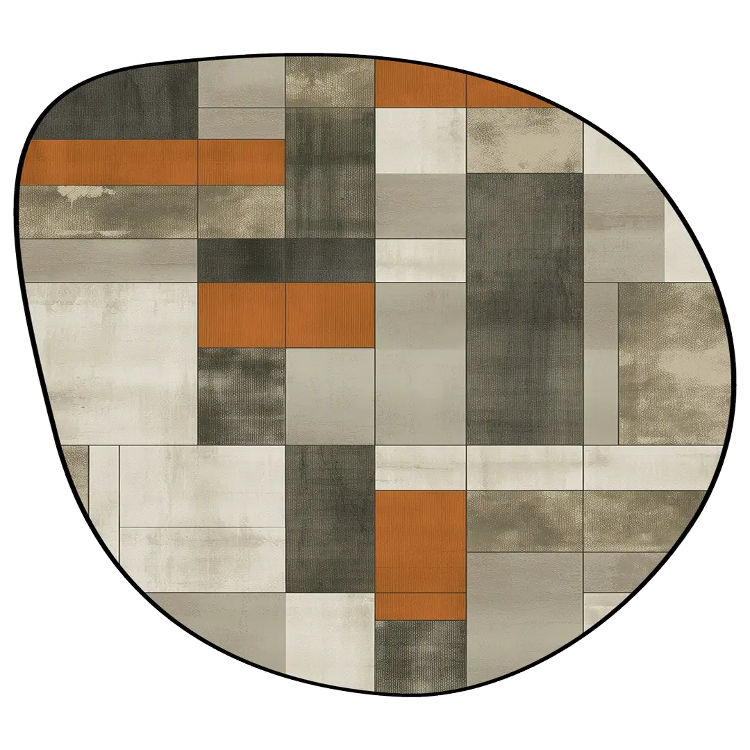 Irregular earthy green and beige rug bedroom