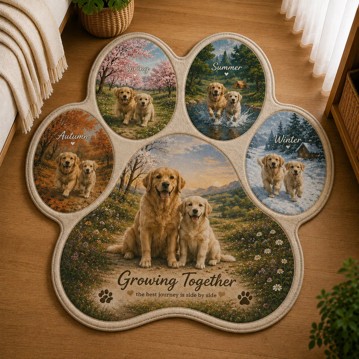Personalized pet milestone rug in a dog paw shape featuring seasonal memories and a custom photo collage designed from multiple pet photos.