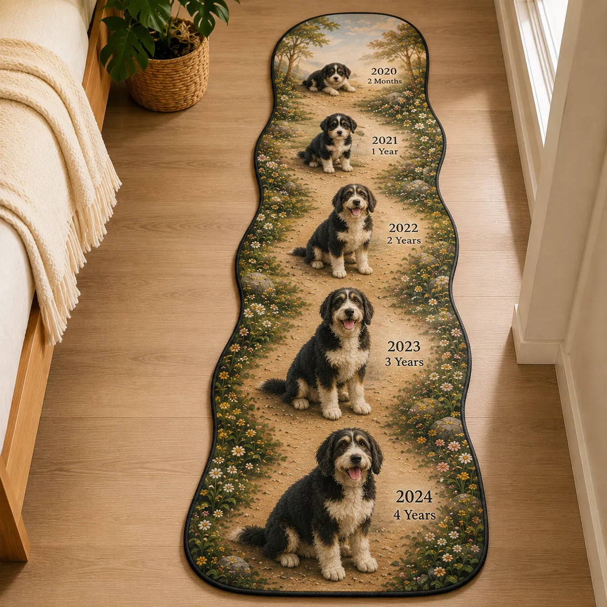 Custom pet milestone runner rug in a winding path shape connecting your pet's favorite memories from puppyhood to today.