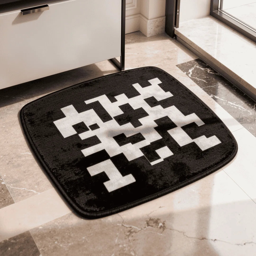 Irregular black white modular rug entryway