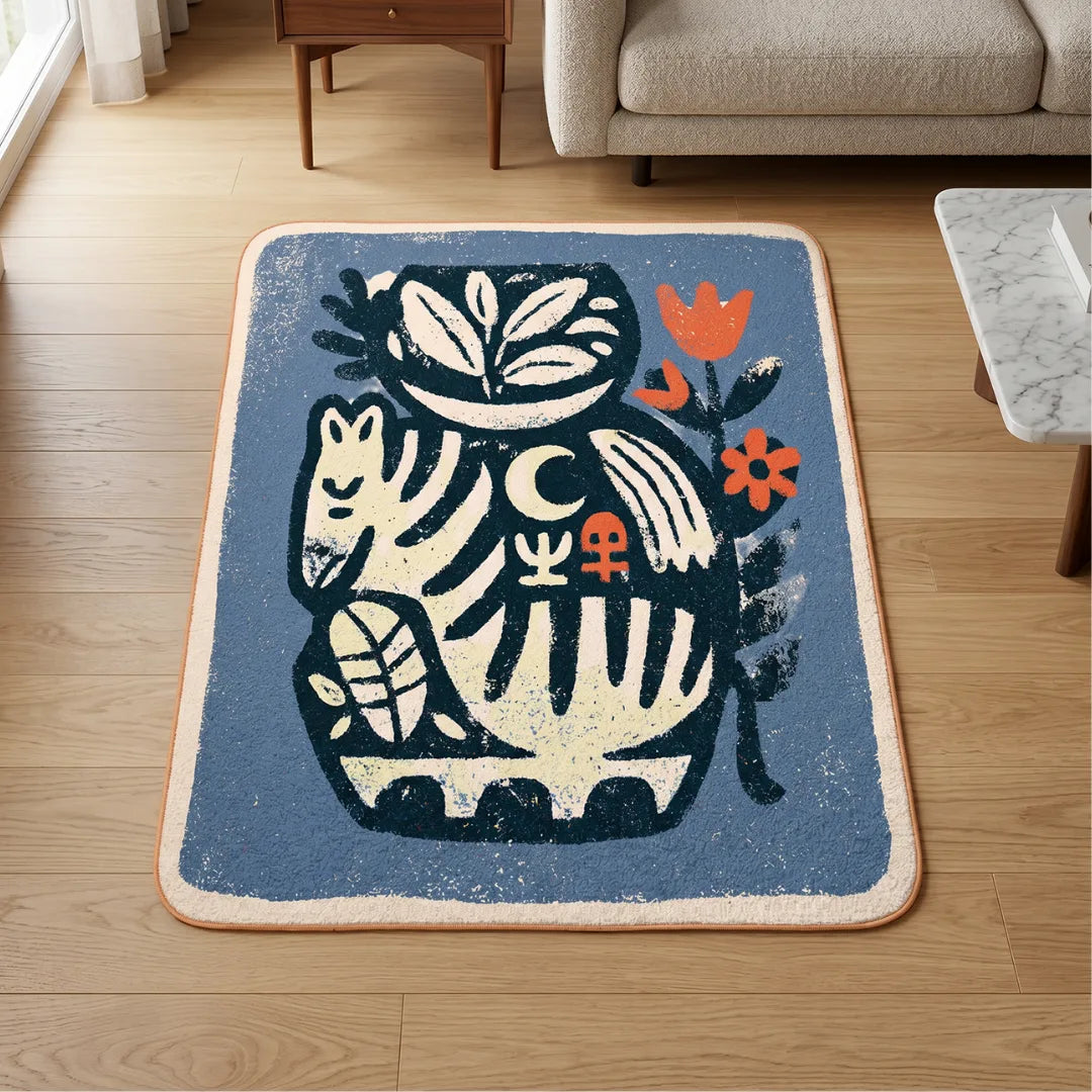 Boho style blue rug living room