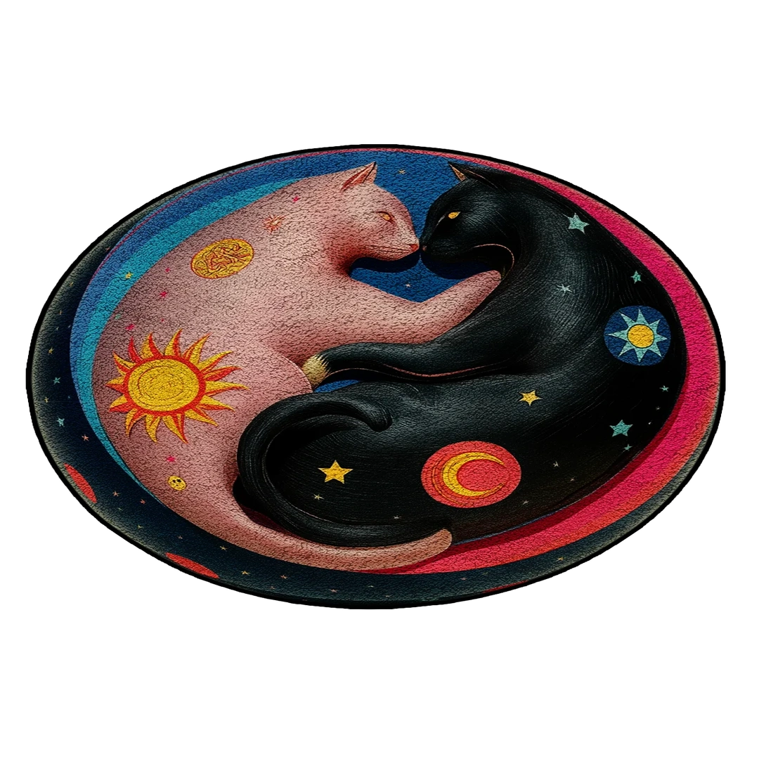 Night Holds Us round rug featuring two cats in a yin-yang composition with sun, moon, and stars