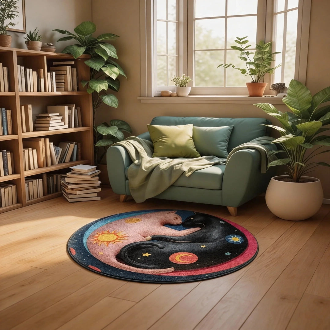 Night Holds Us round rug placed on a living room floor, creating a cozy and whimsical atmosphere