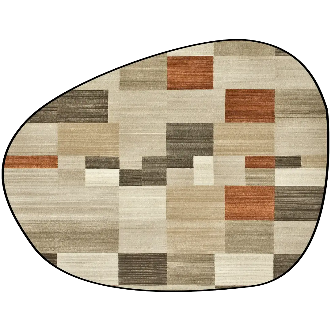 Irregular neutral beige and taupe rug bedroom