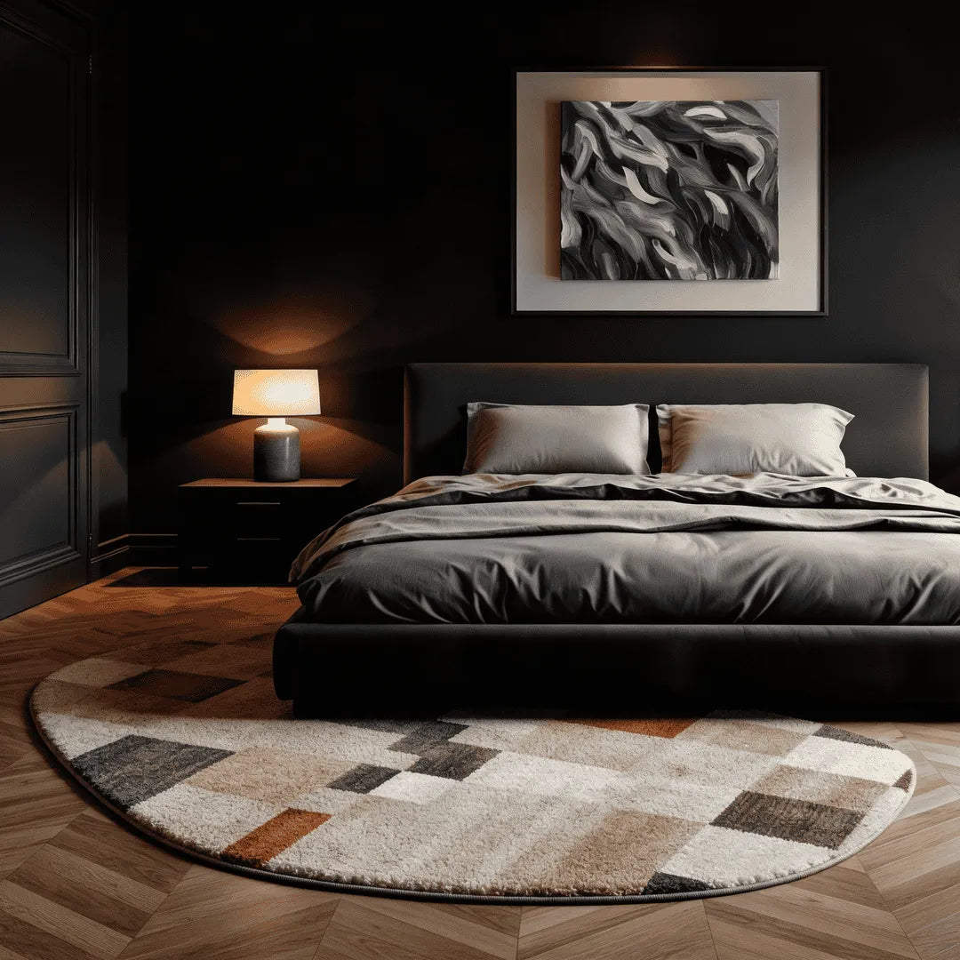 Irregular neutral beige and taupe rug bedroom