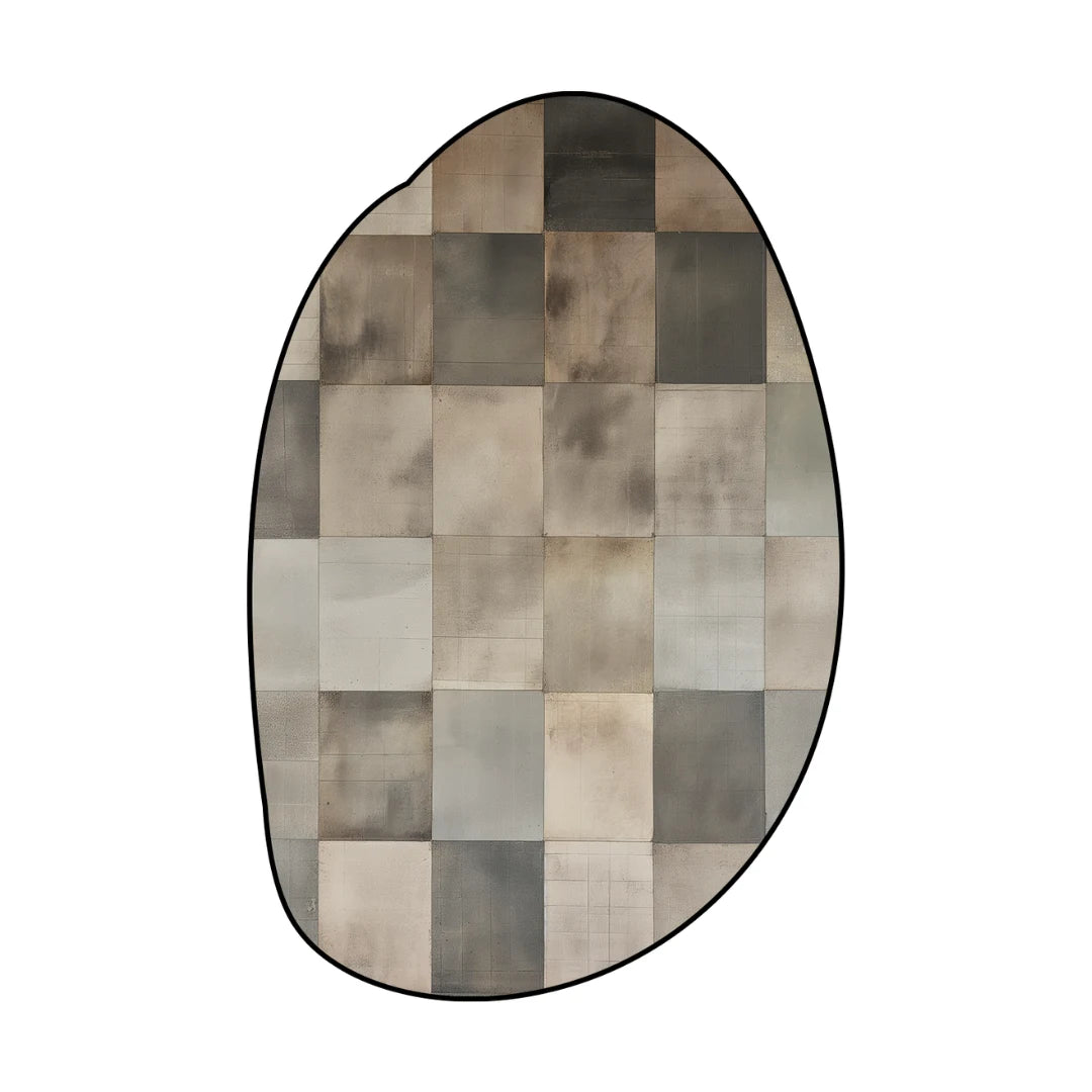 Irregular neutral gray and beige checkered rug living room