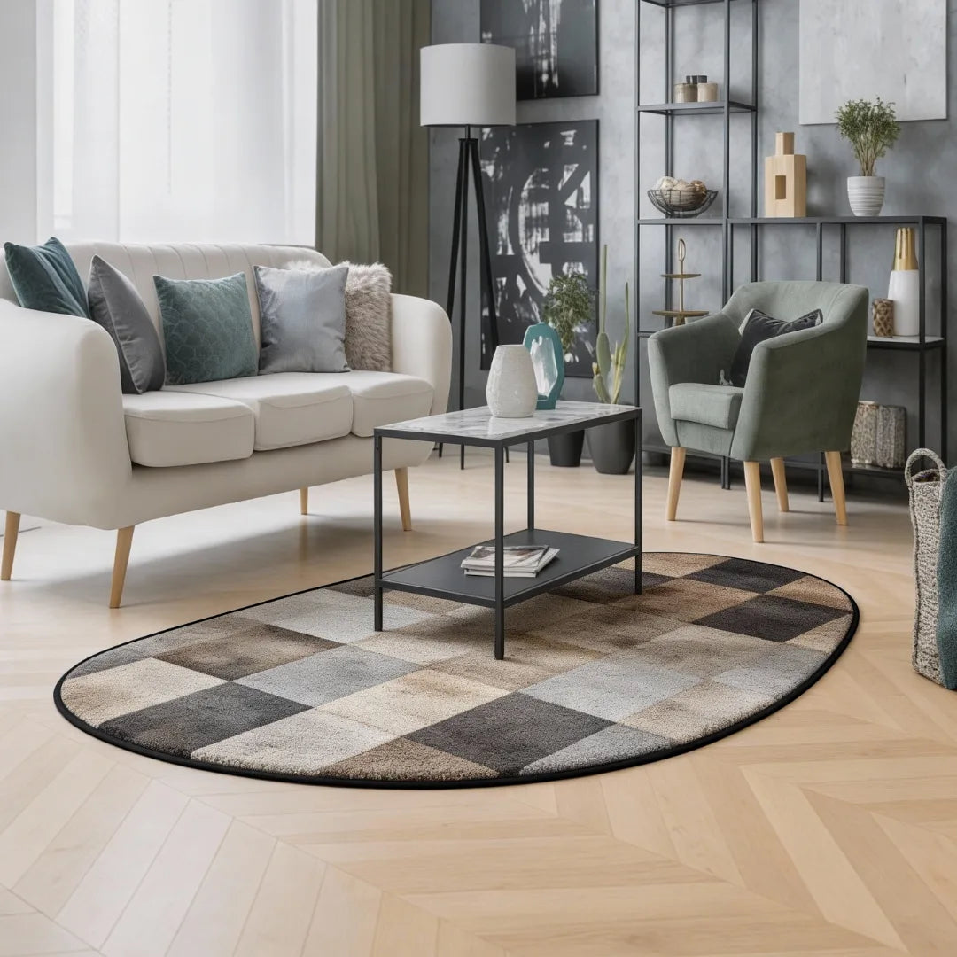 Irregular neutral gray and beige checkered rug living room