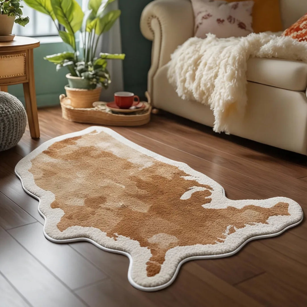 Abstract earth-toned irregular rug placed in a cozy living room with plants, soft seating, and natural light