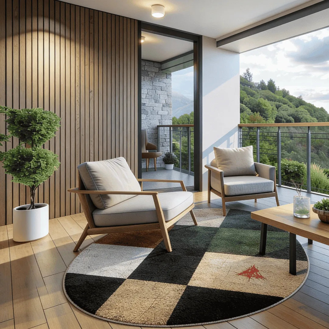 Irregular earthy green and beige rug balcony nook