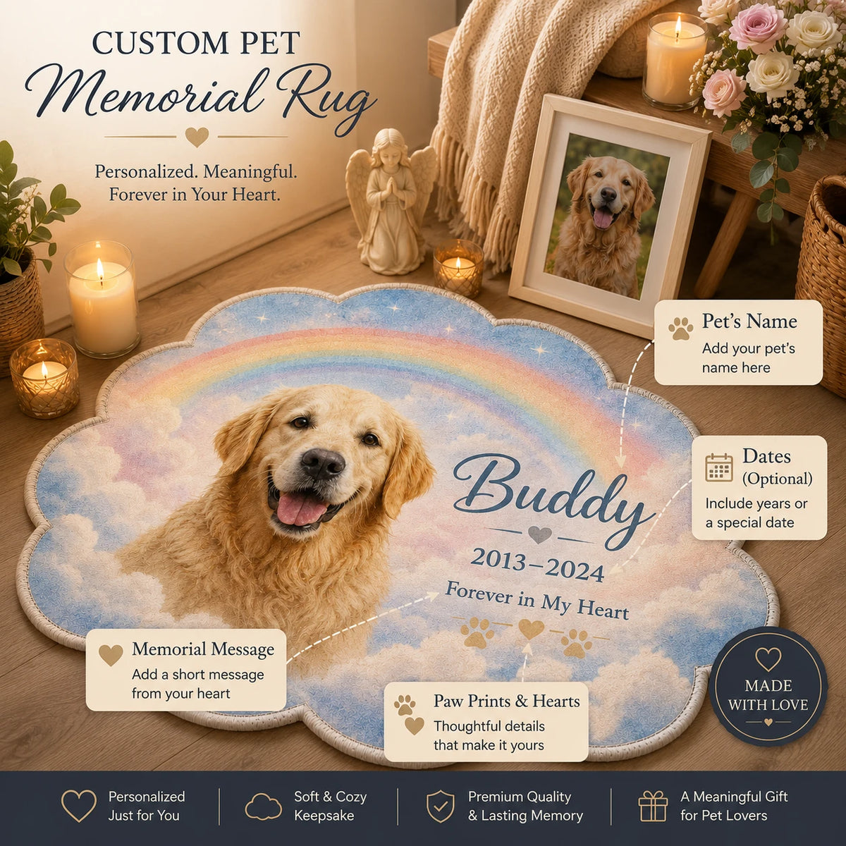 Personalized pet memorial rug with a custom pet name, memorial years, tribute message, paw prints, and heart details
