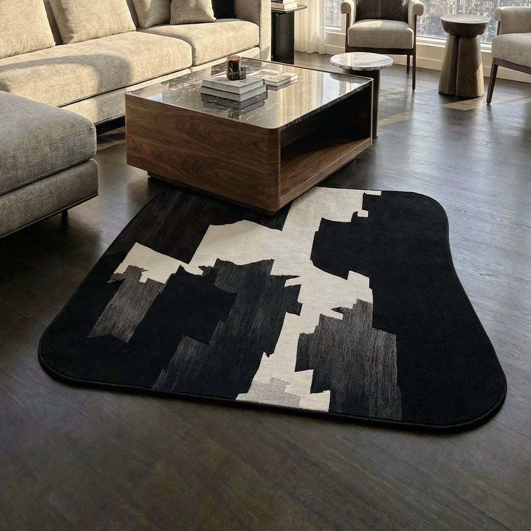 Irregular black and white perspective rug living room