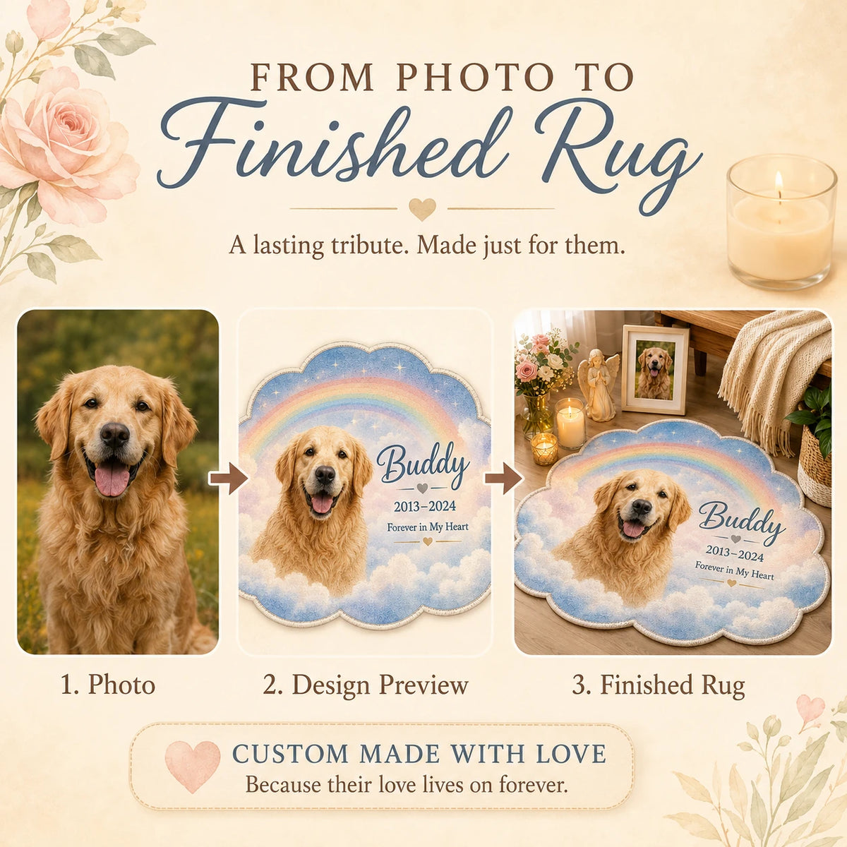 Golden retriever photo transformed into a design preview and finished custom pet memorial rug
