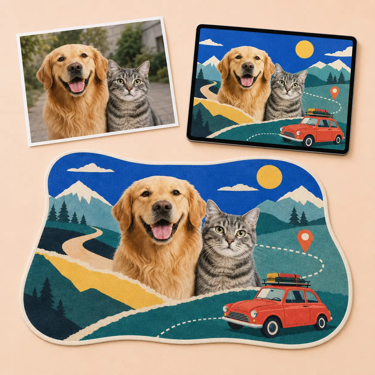 Pet photo, digital design proof and finished custom pet lifestyle rug shown together