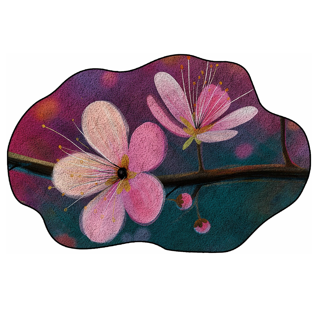 Petal Field rug with soft pink blossoms and flowing floral details on a textured background