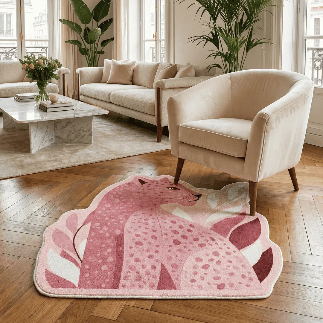 Irregular pink leopard rug living Room
