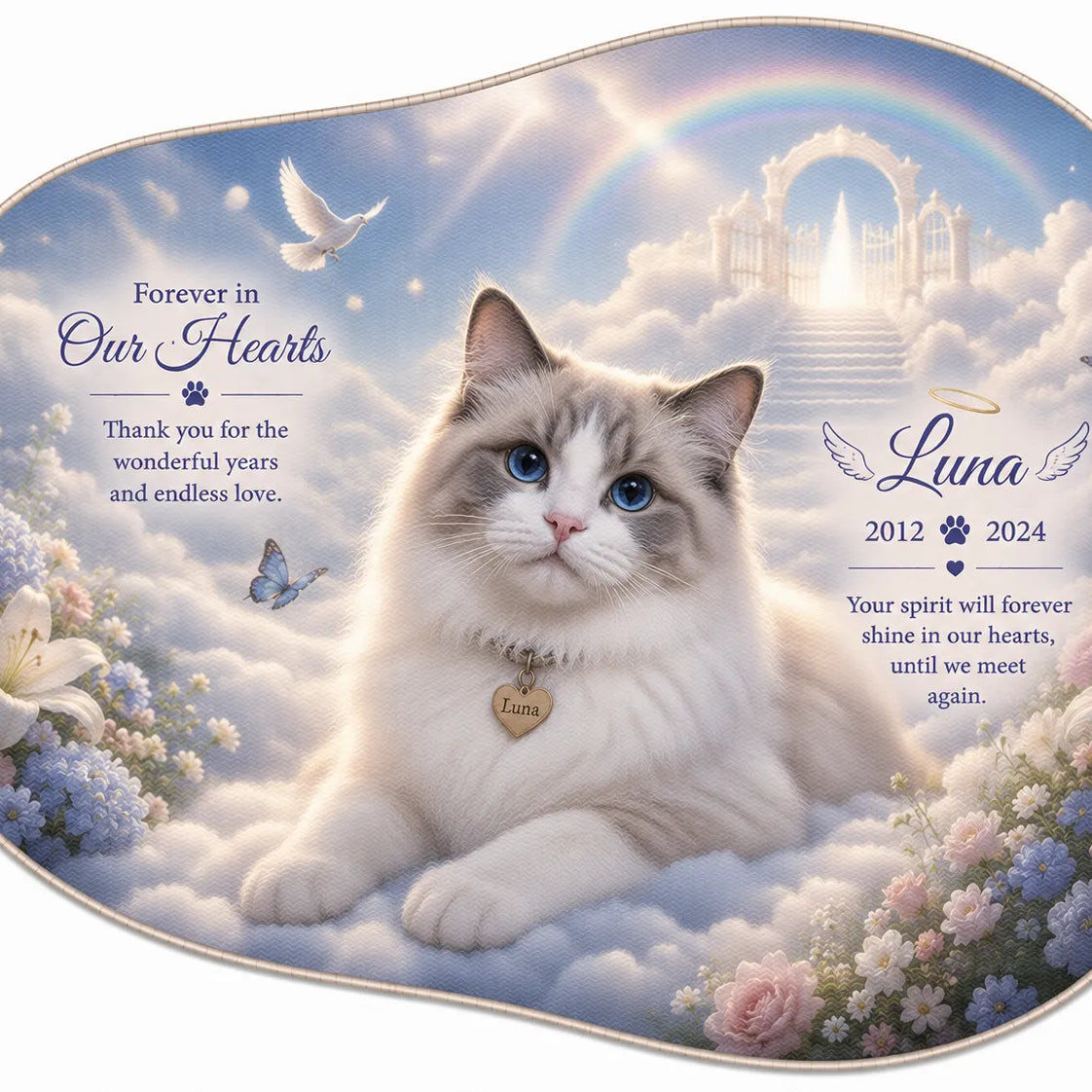 Personalized pet memorial rug featuring a Ragdoll cat resting among heavenly clouds in an organic pebble shape, custom faux cashmere remembrance rug with soft pastel artwork.