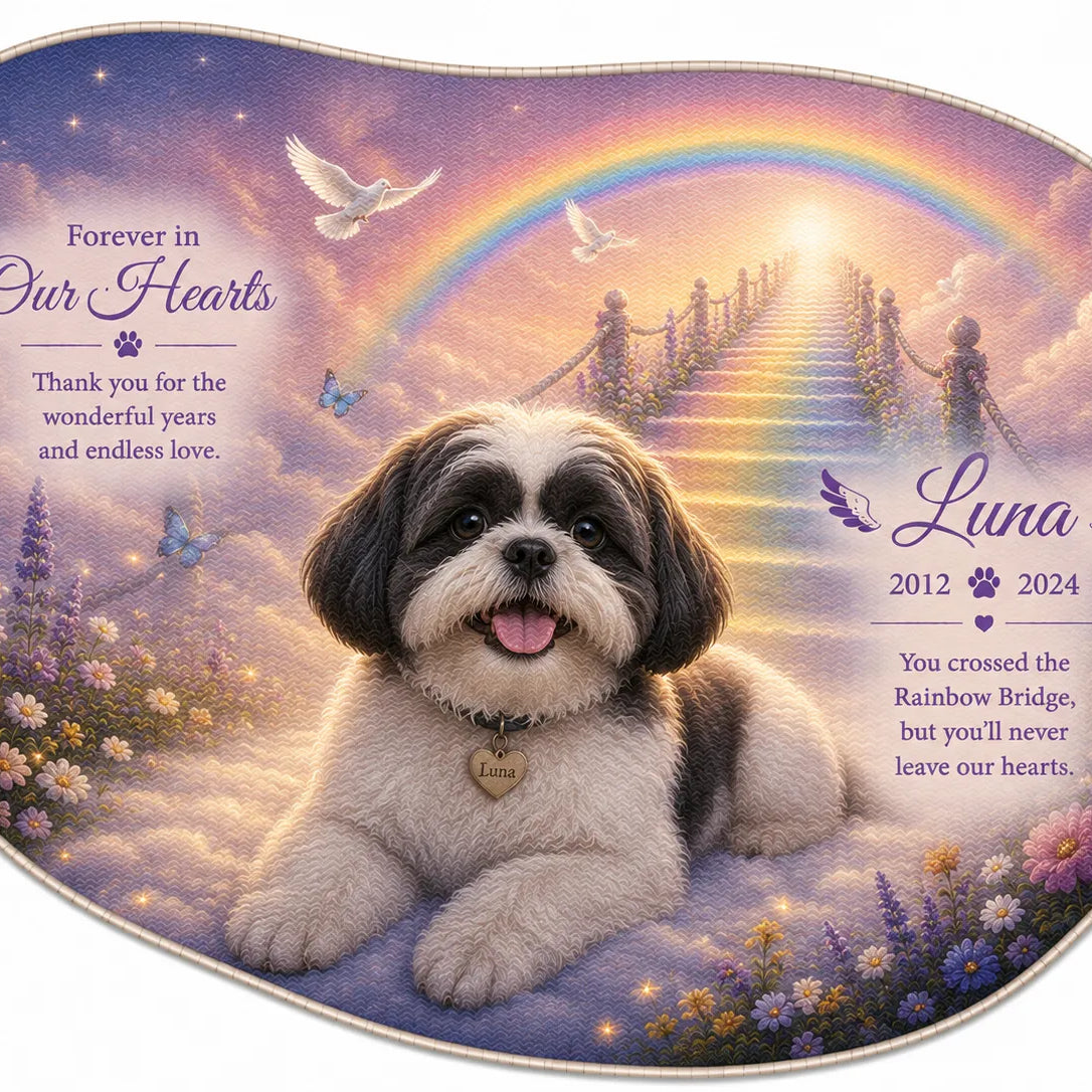 Personalized Rainbow Bridge pet memorial rug featuring a Shih Tzu with a pastel rainbow pathway, organic pebble shaped custom remembrance rug for pet loss.