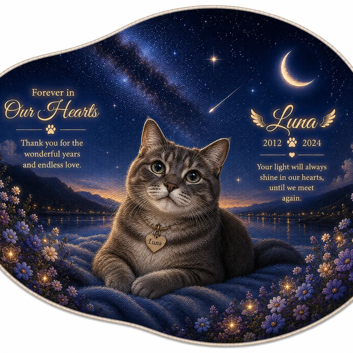 Personalized Starry Night pet memorial rug featuring a tabby cat beneath a moonlit sky, organic pebble shaped faux cashmere remembrance rug with celestial artwork.