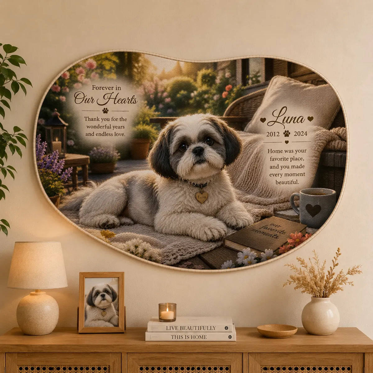 Personalized memorial wall tapestry featuring a beloved Shih Tzu with a custom photo, name, memorial message, and warm home dΓ©cor displayed on a living room wall.