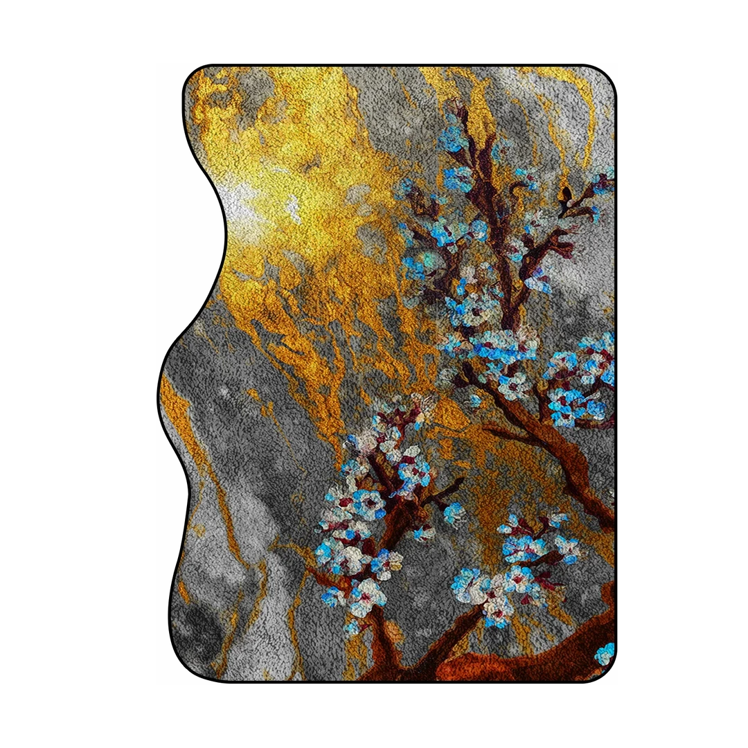 Remnant of Rain rug featuring blue blossoms and golden streaks on a textured gray background