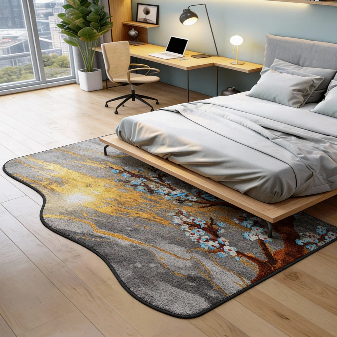 Remnant of Rain floral rug placed beside a bed, adding a calm, rain-washed mood to the bedroom