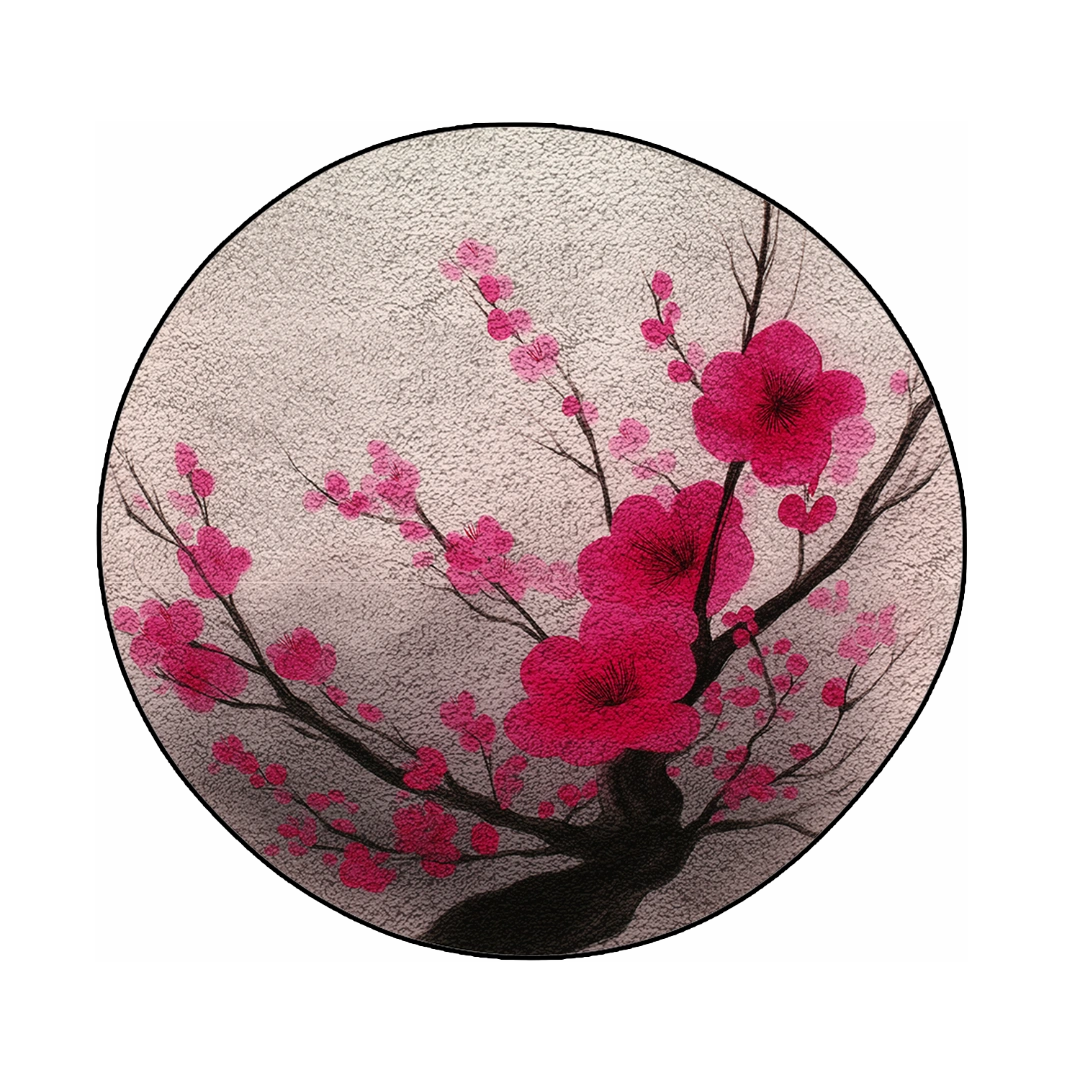 Residue round rug with deep pink blossom branches on a soft neutral background