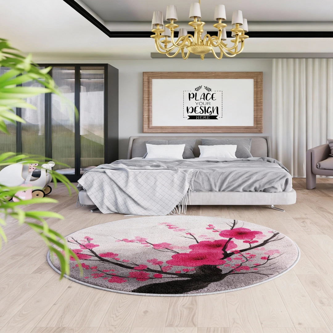 Residue round rug placed on a bedroom floor beneath a bed, featuring pink floral artwork