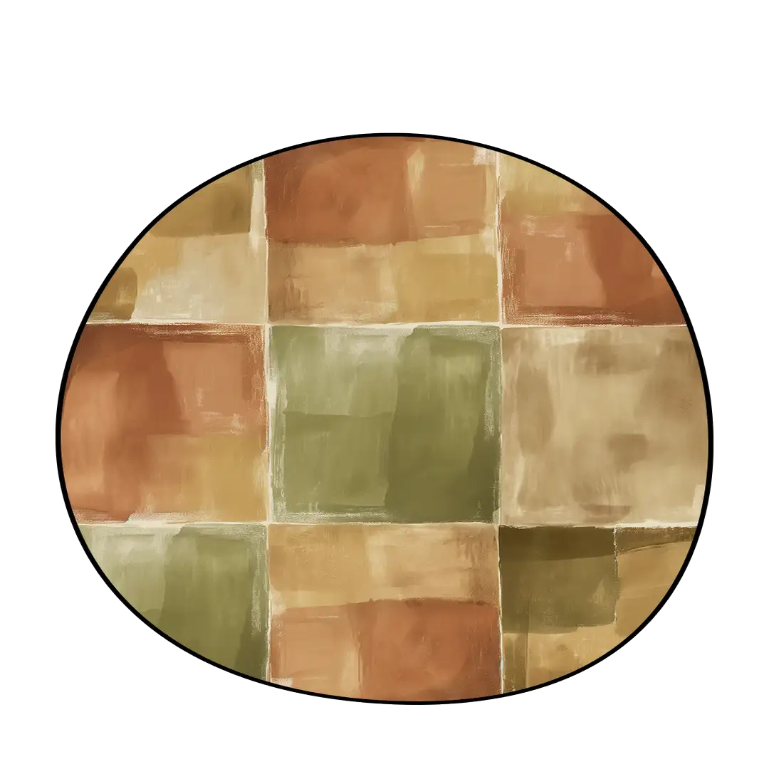 Irregular earthy green and brown rug balcony nook