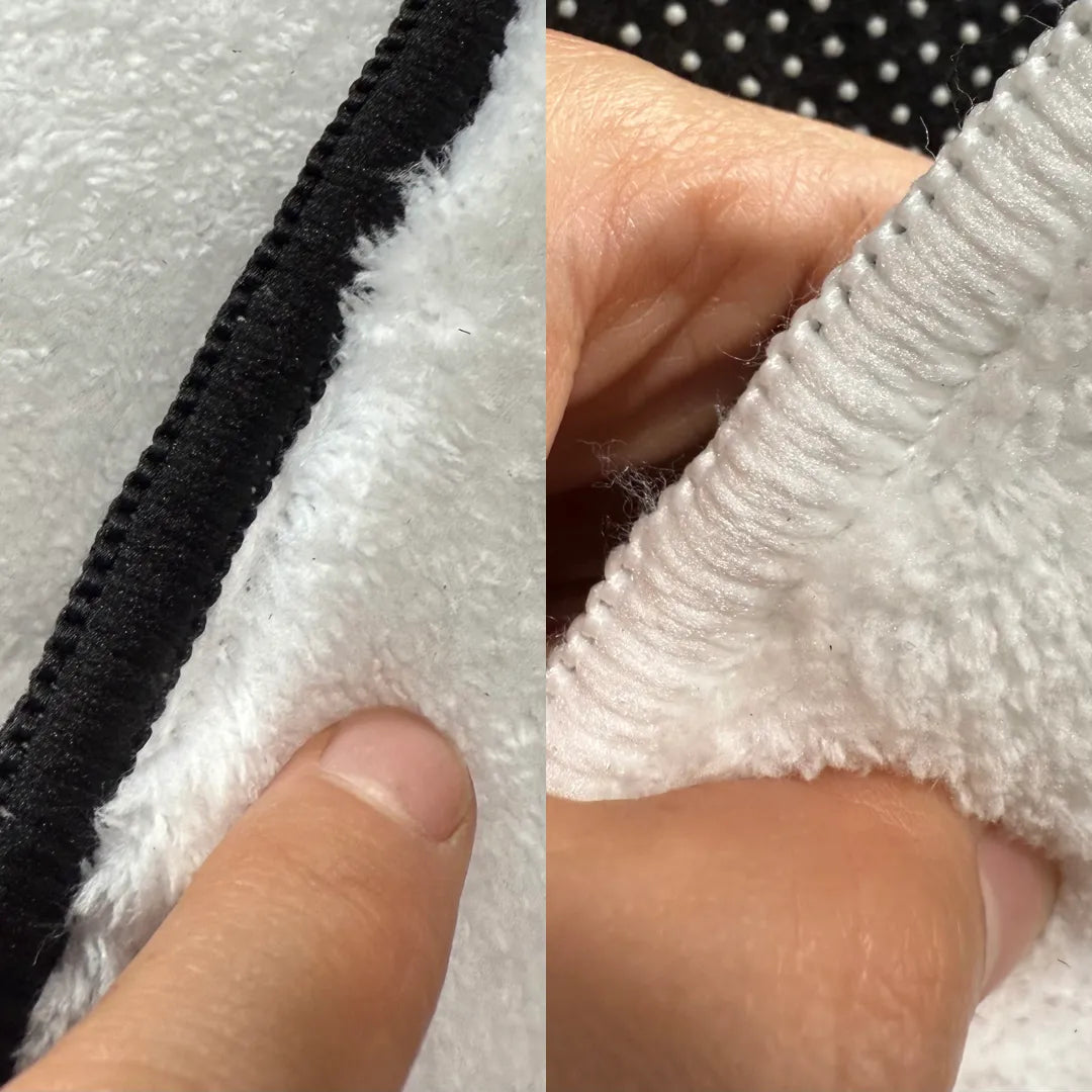 The details of edge lock with white yarn and black yarn