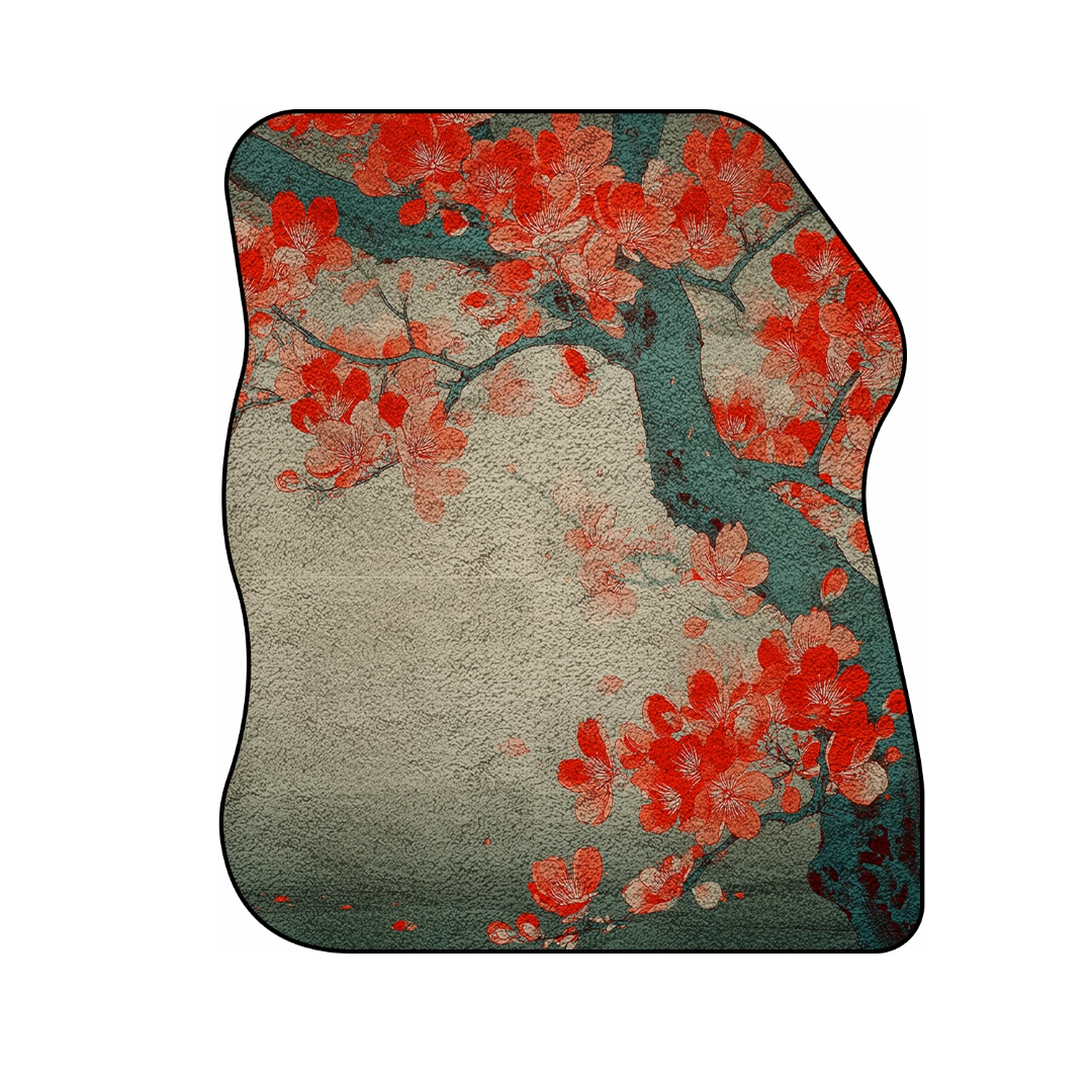Sakura in Faded Red rug with soft cherry blossom branches and muted red petals on a textured surface
