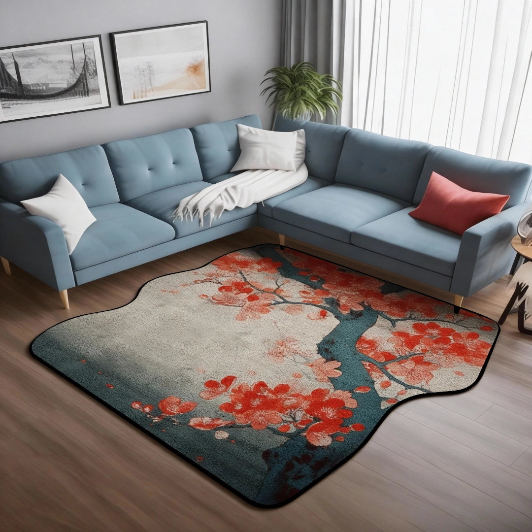 Sakura in Faded Red rug placed on a living room floor beneath a sectional sofa in natural light