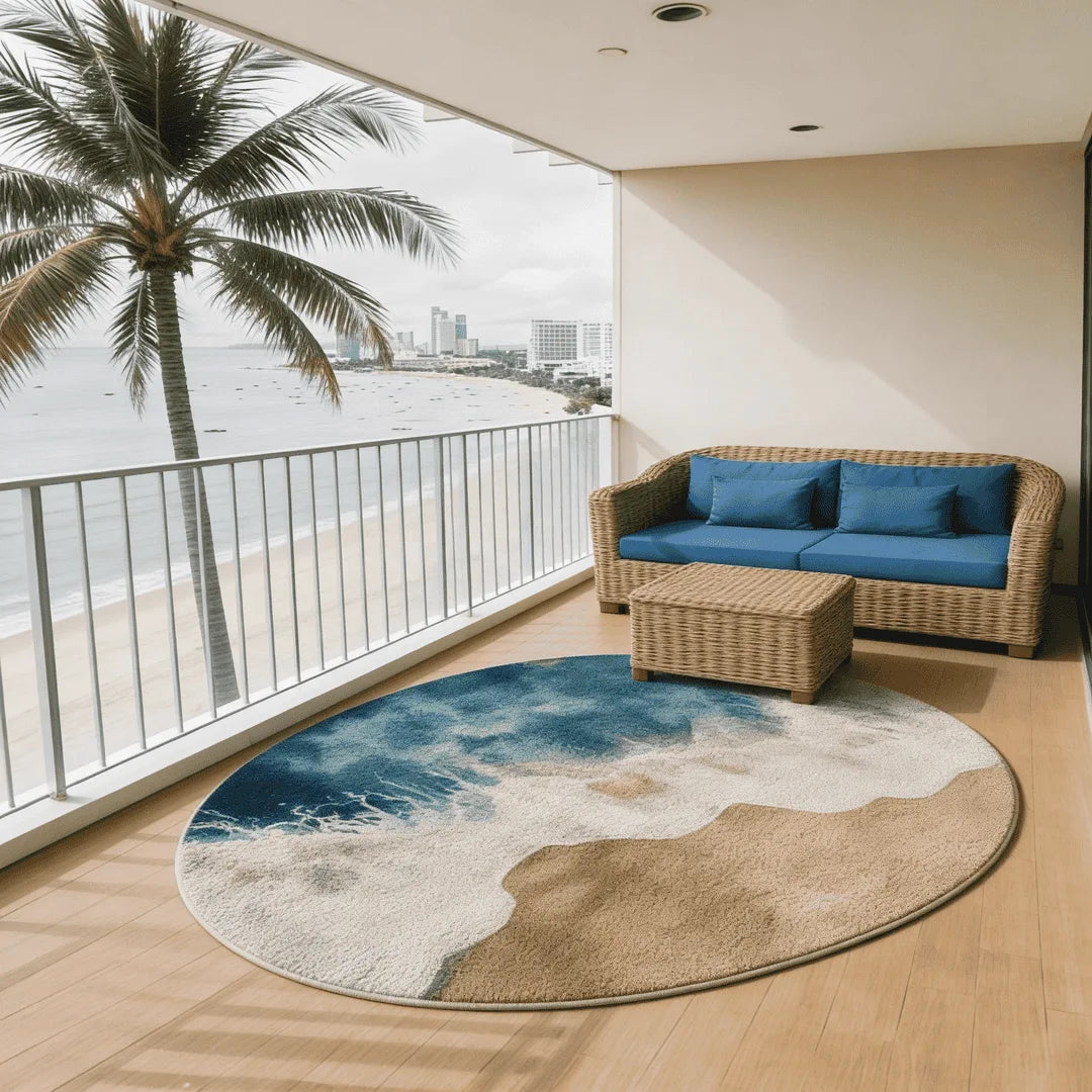 Irregular ocean blue and sand beige rug living room reading nook