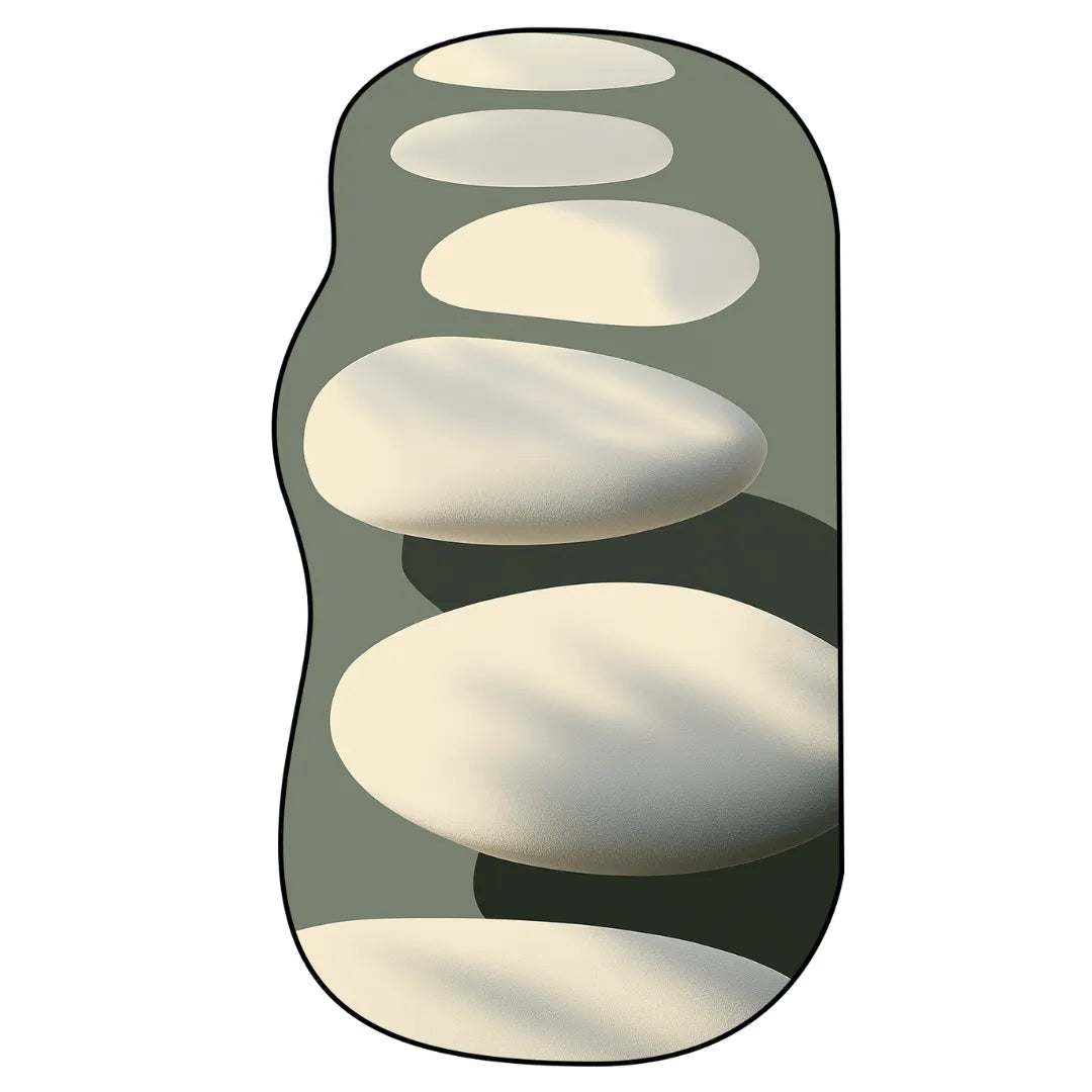 Irregular neutral stone pattern rug featuring layered oval shapes in soft cream and sage tones for hallway entryway