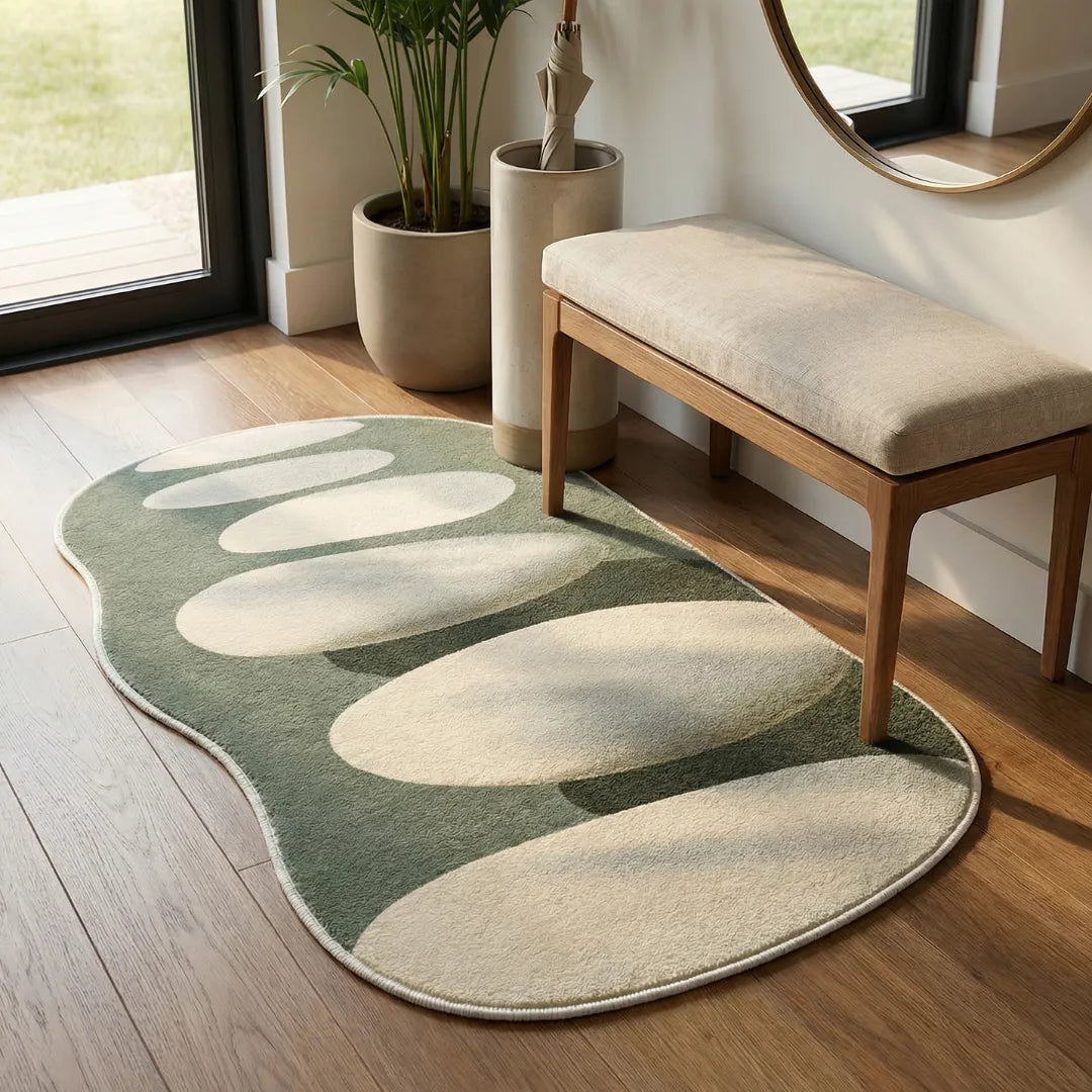 Irregular neutral stone pattern rug placed in a modern hallway entryway with soft lighting and minimalist decor