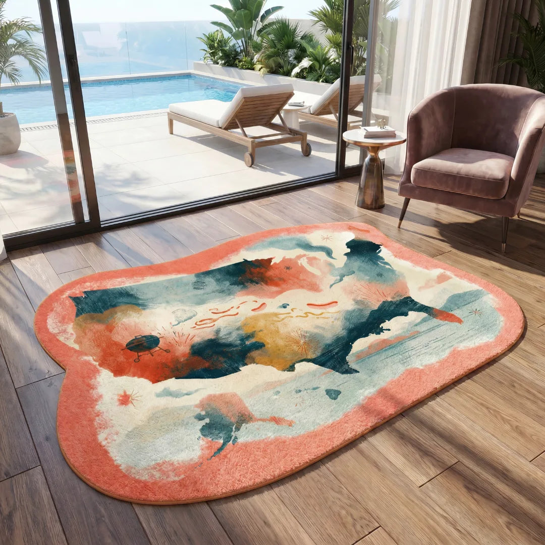 Irregular USA map rug poolside patio balcony